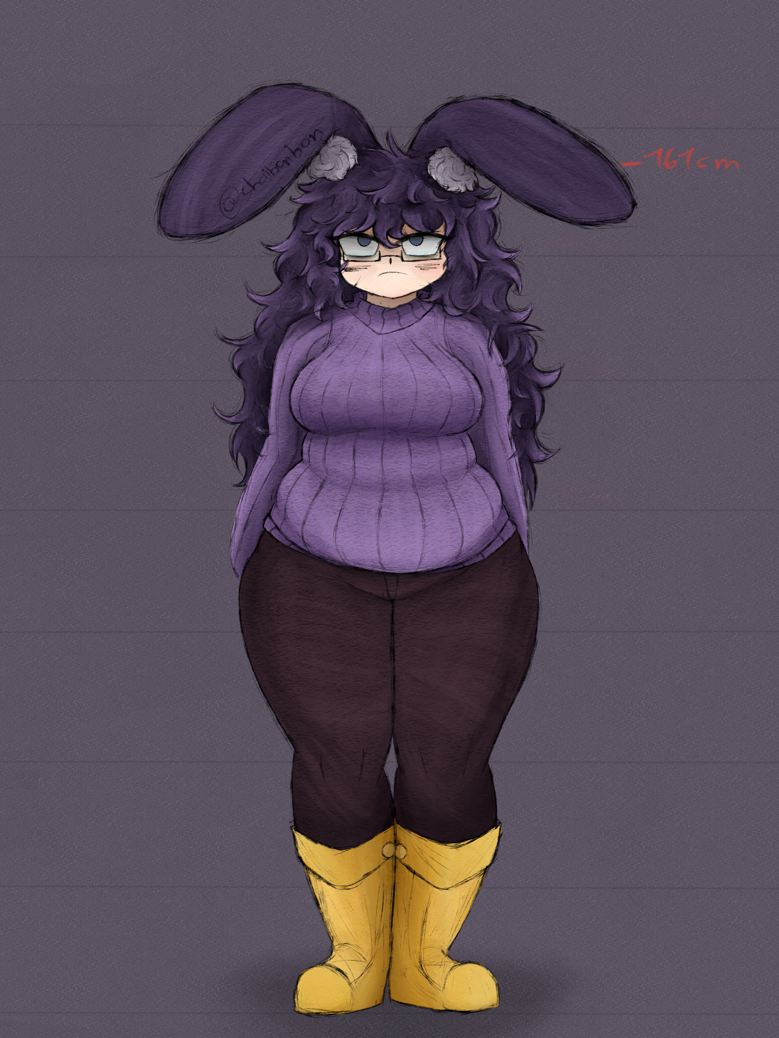 The character here is called Bonbon. She is a bunny / rabbit girl, aka a kemonomimi, meaning she has bunny ears and a bunny tail. Note: The ears have pompoms, like fluff fur, they are gray just like her tail.
She has really big / long purple hair, fluffy & messy, it reaches all the way down to her butt. Her body type is on the chubby / thick / plumpy / chonky / plus size / thick / overweight, or whatever label you want (im tired when ppl try to correct me with labels), but in lamers terms she is fat. She is somewhat pear shaped as some people pointed out, with a height of 1.61m (does not count the ears).
She wears rectangular glasses, has blue eyes, and due to lack of sleep has eye bags. While her cheeks have Z markings like ash Ketchum.
She is wearing a purple sweater, dark magenta pants and a goldish/yellow boots.
She is standing here like this emoji 🧍‍♀️for reference purposes.